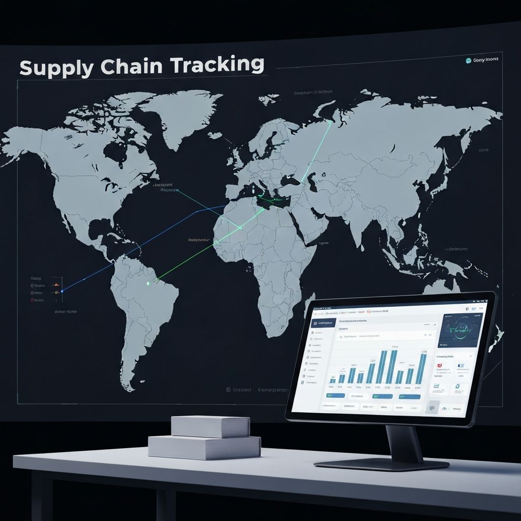 Supply chain tracking map showing real-time logistics, inventory optimization, and route planning